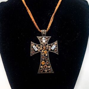 Amber/Citrine Tone Encrusted Holy Cross Pendant Leather Necklace